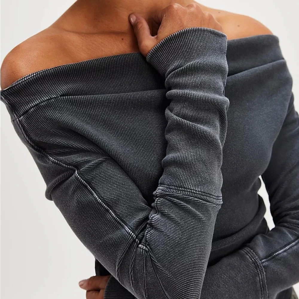 Free People Off-Shoulder Long Sleeve Top - Dark Gray - Picture 2 of 5